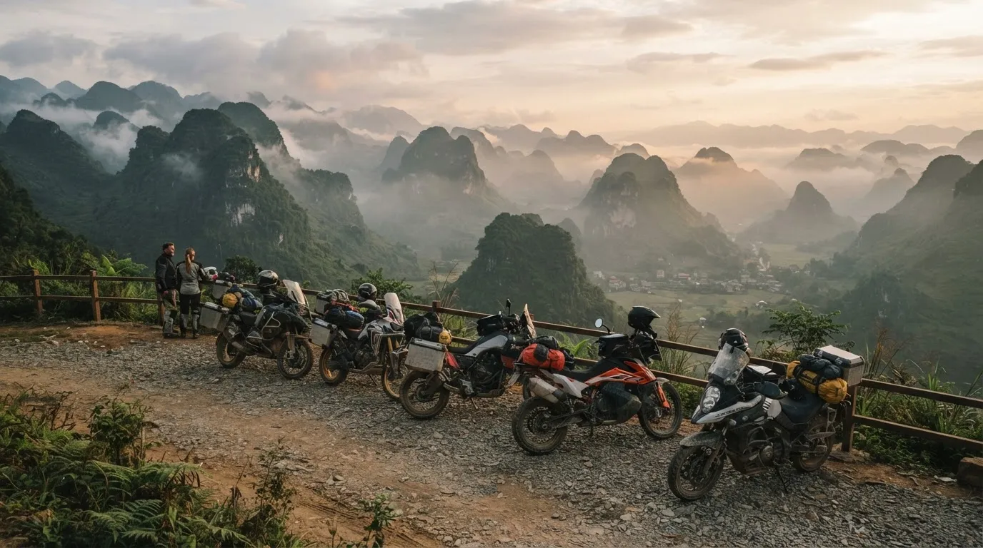A row of adventure motorbikes parked at a viewpoint overlooking misty limestone mountains