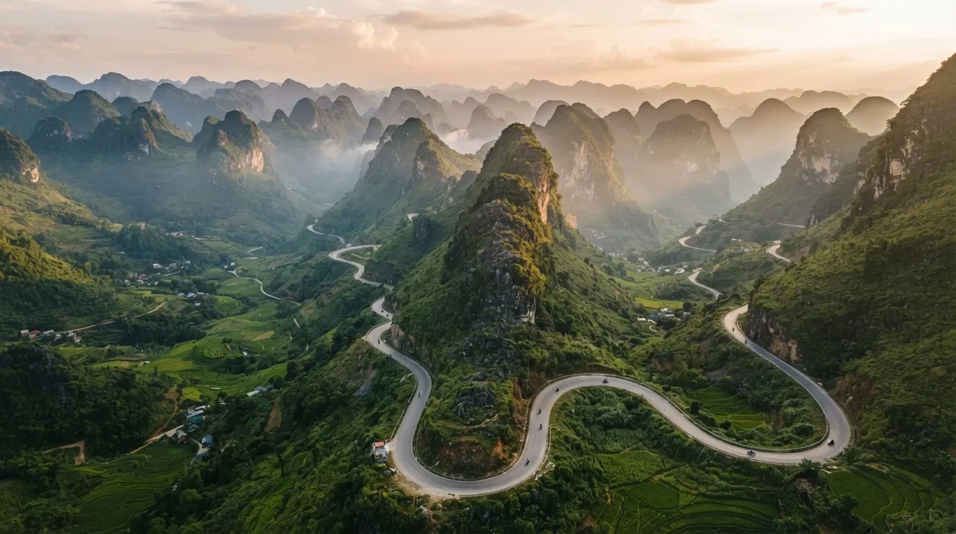 Aerial view of a winding mountain road threading between limestone karst peaks at golden hour